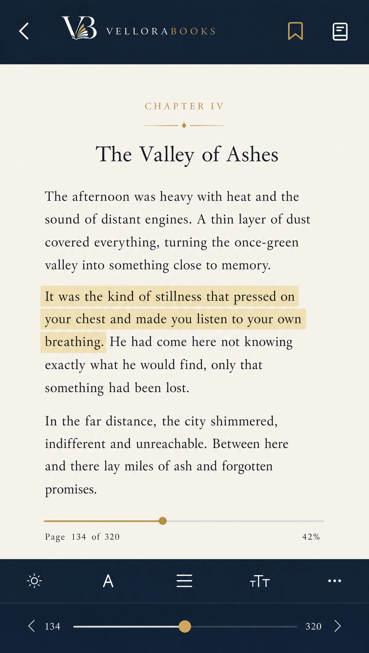 Reading view with a highlighted passage, a bookmark button and reading progress.