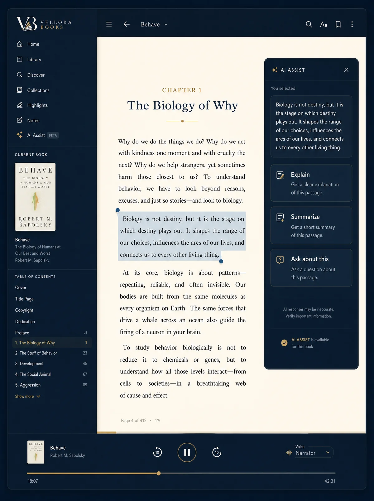 Reading preview with an AI assistance panel and listening controls.